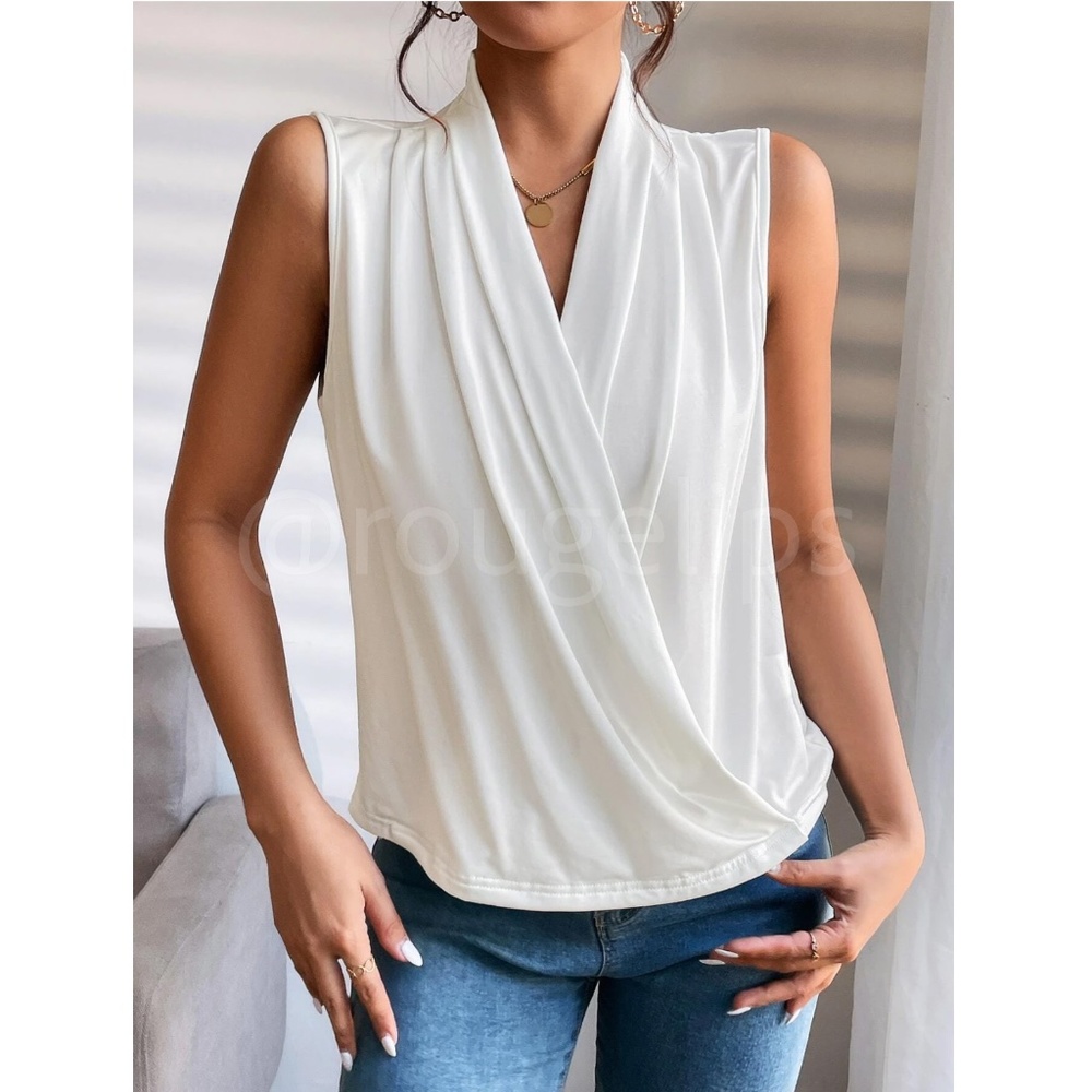 Draped Sleeveless Surplice V-Neck Blouse Top White Overlapping Front Snap Button - Picture 7 of 8